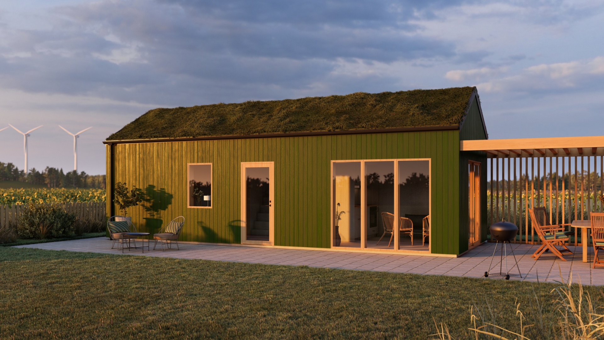 Grönt attefallshus med sedumtak