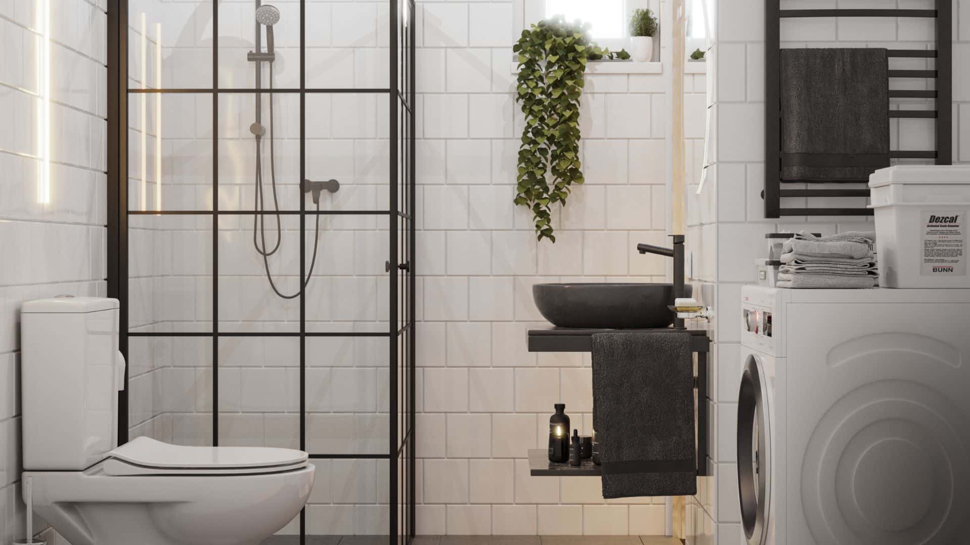 Fritidshus badrum med toalett, tvättmaskin och dusch