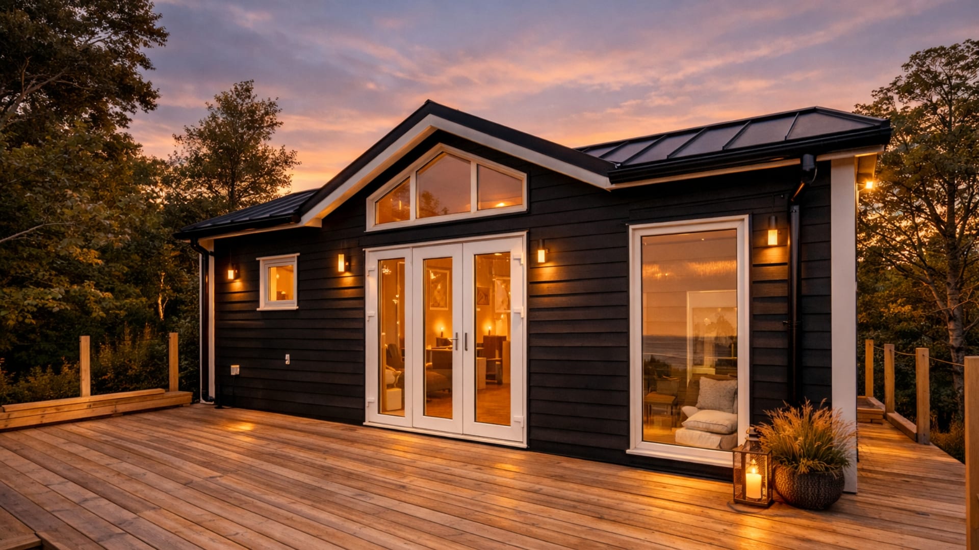 Attefallshus svart/vit med altan solnedgång