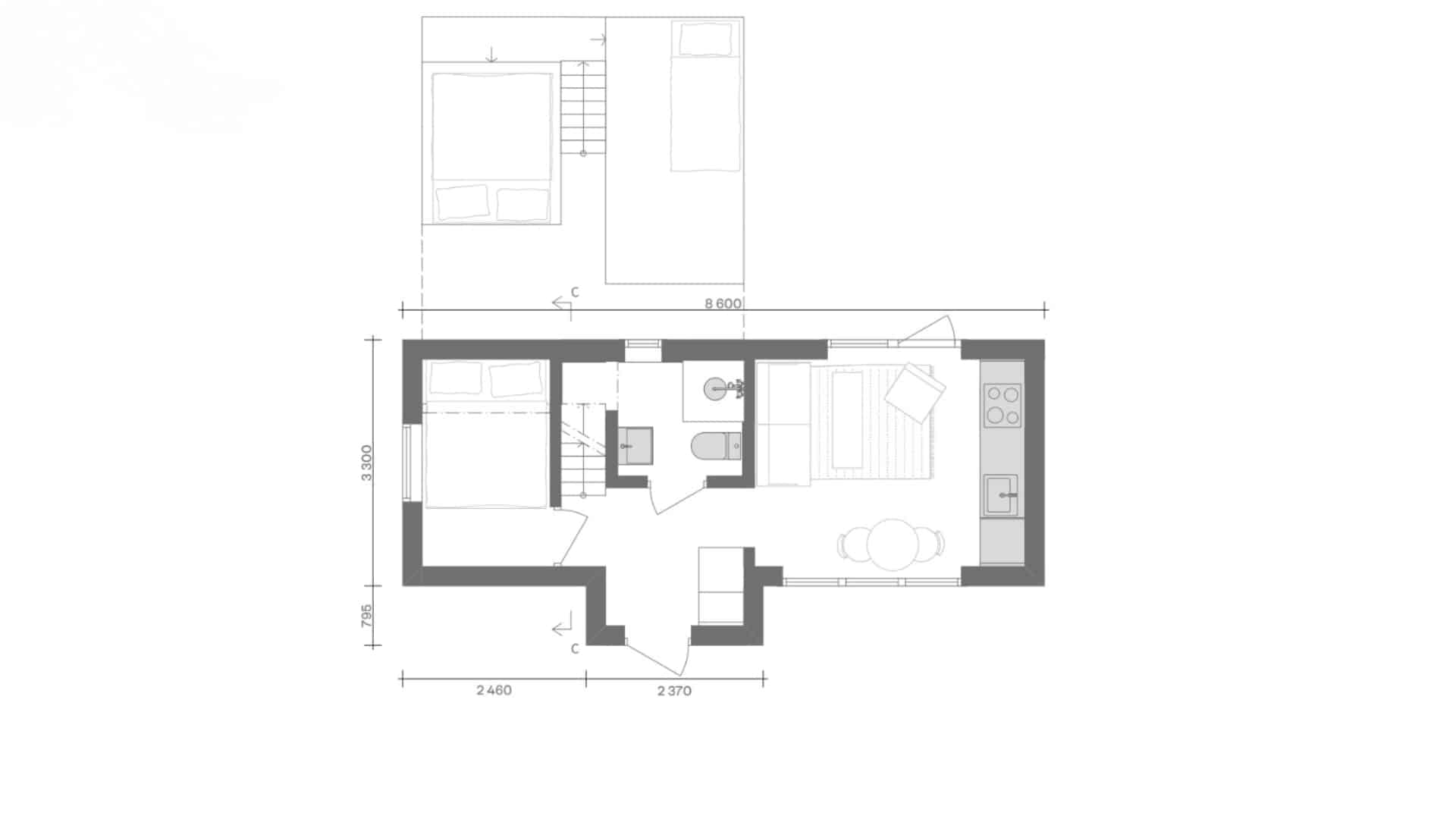 Planlösning Attefallshus fjällen med sovrum